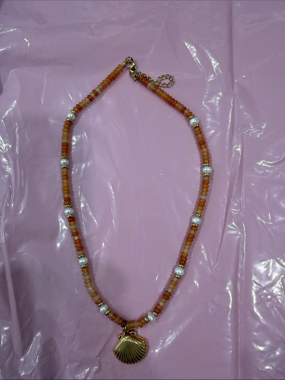 Elan Gold Shell Pendant Beaded Necklace - Orange and White 17 inches